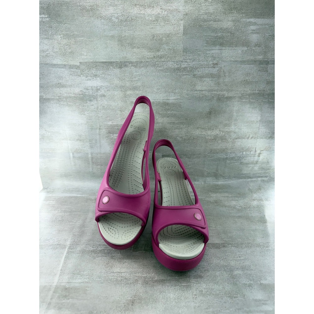 Crocs Leigh II Women 8 Magenta Pink Gray Wedge Sandal Slingback Platform 14391